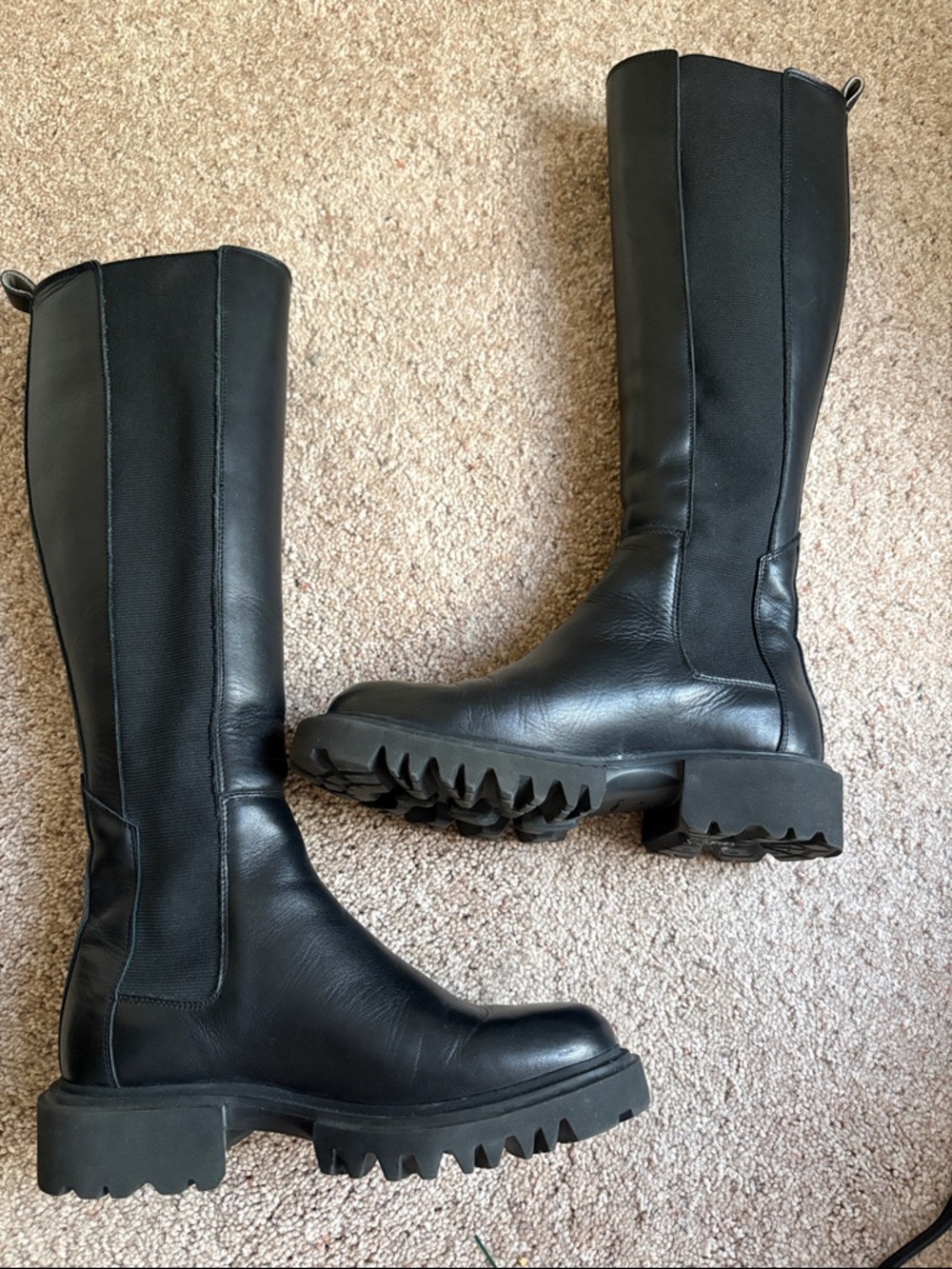 AllSaints Maeve Black Leather Knee High Lug Sole Boots Size 37 designer comfy - Picture 8 of 11